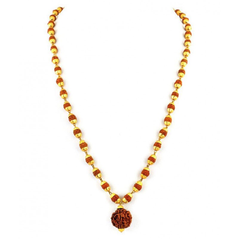 Gemsamor 100% Original 5 Mukhi Rudraksha Mala With Gold Plated Cap
