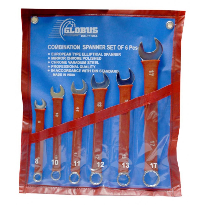 Globus Combination Spanner Set with Non-Slip PVC Sleeve RED, Set of 6 ( 8-17MM) in Plastic Kit roll