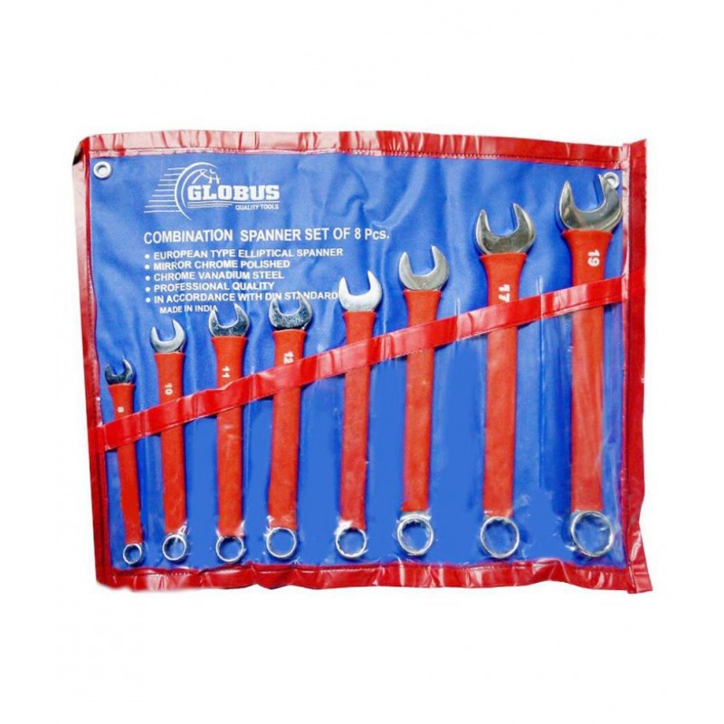 Globus Combination Spanner set with Non-Slip PVC Sleeve in Plastic Kit Roll Tools (Red and Blue) - Set of 8 (8-19 mm)