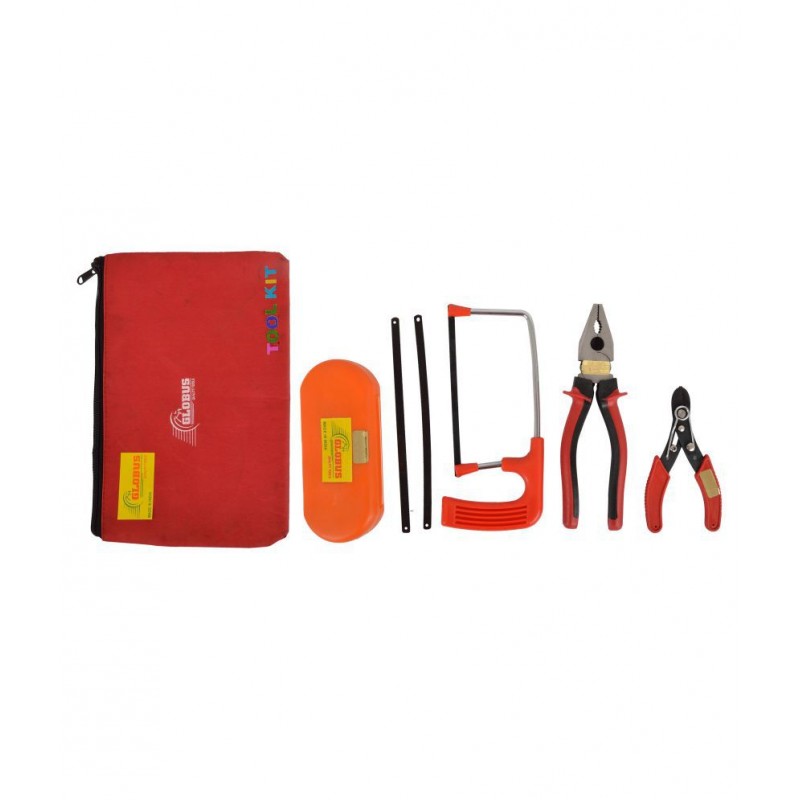 Globus Steel Hand Tool Set/5 Pcs ( 8" plier ,screwdriver set/6 pcs , 6" wire cutter,  6"hacksaw with pvc handle with 2 blade and tool kit bag