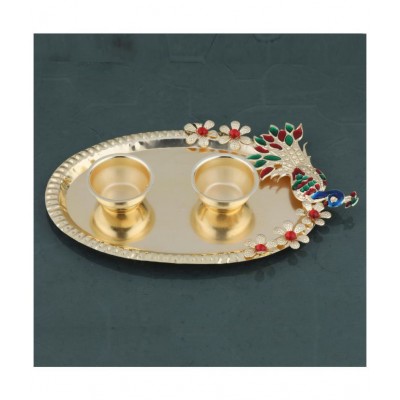 Gold Plated Designer-Ethnic Peacock Design Kankavati Pooja Thali