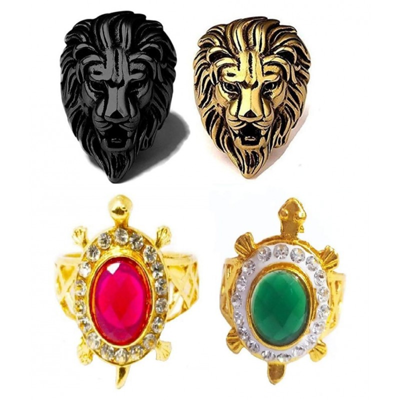 Golden & Balck Lion Face Ring & Red & Green Kachua Ring 4pcs