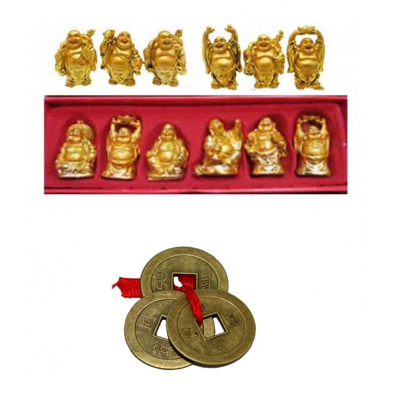 Goodluck Glossy Set Of 6 Buddha Idols And 3 Lucky Coin Set