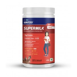 Gritzo SuperMilk 13+ Girls, for Kids Growth & Sports, High Protein Health Drink Powder 400 gm Double Chocolate