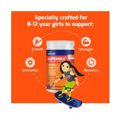 Gritzo SuperMilk 8-12y (Girls), Kids Nutrition & Health Drink, Protein Powder for Kids Growth & Sports, High Protein (10 g), Calcium + D3, 21 Nutrients, Zero Refined Sugar, 100% Natural Double Chocolate Flavour, 400 g