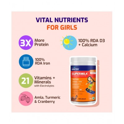 Gritzo SuperMilk 8-12y (Girls), Kids Nutrition & Health Drink, Protein Powder for Kids Growth & Sports, High Protein (10 g), Calcium + D3, 21 Nutrients, Zero Refined Sugar, 100% Natural Double Chocolate Flavour, 400 g