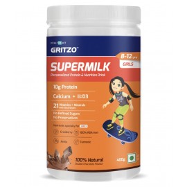 Gritzo SuperMilk 8-12y (Girls), Kids Nutrition & Health Drink, Protein Powder for Kids Growth & Sports, High Protein (10 g), Calcium + D3, 21 Nutrients, Zero Refined Sugar, 100% Natural Double Chocolate Flavour, 400 g