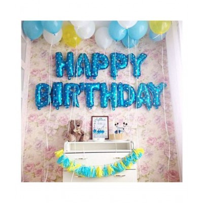 HAPPY BIRTHDAY FOIL BLUE(SET OF 13 LETTERS) AND 30 PCS METALLIC BALLOONS(BLUE AND WHITE) WITH 3 STAR GOID FOIL-A PERFECT COMBO FOR PARTY DECORATION