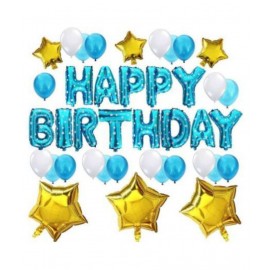 HAPPY BIRTHDAY FOIL BLUE(SET OF 13 LETTERS) AND 30 PCS METALLIC BALLOONS(BLUE AND WHITE) WITH 3 STAR GOID FOIL-A PERFECT COMBO FOR PARTY DECORATION
