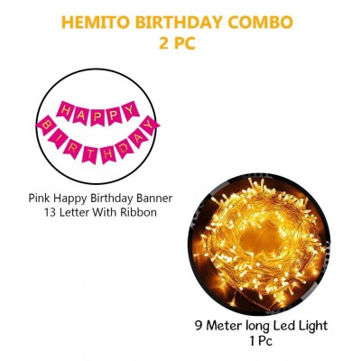 HEMITO 2 pcs Combo Pink Happy Birthday 1 Pcs, 12 Meter Long Led Light 1 Pc Birthday Decorations Kit