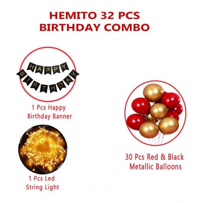 HEMITO 32 pc Combo of Happy Birthday Banner with LED lights + Red Gold Metallic Balloons | Birthday Decoration Items(Gold Red)