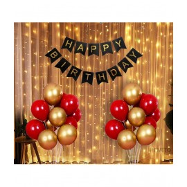 HEMITO 32 pc Combo of Happy Birthday Banner with LED lights + Red Gold Metallic Balloons | Birthday Decoration Items(Gold Red)
