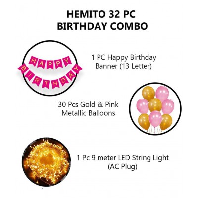 HEMITO 32 pcs Combo Happy Birthday 1 Pcs, 12 Meter Long Led Light 1 Pc, 30 Gold and Pink Metallic Balloon Birthday Decorations Kit with lights