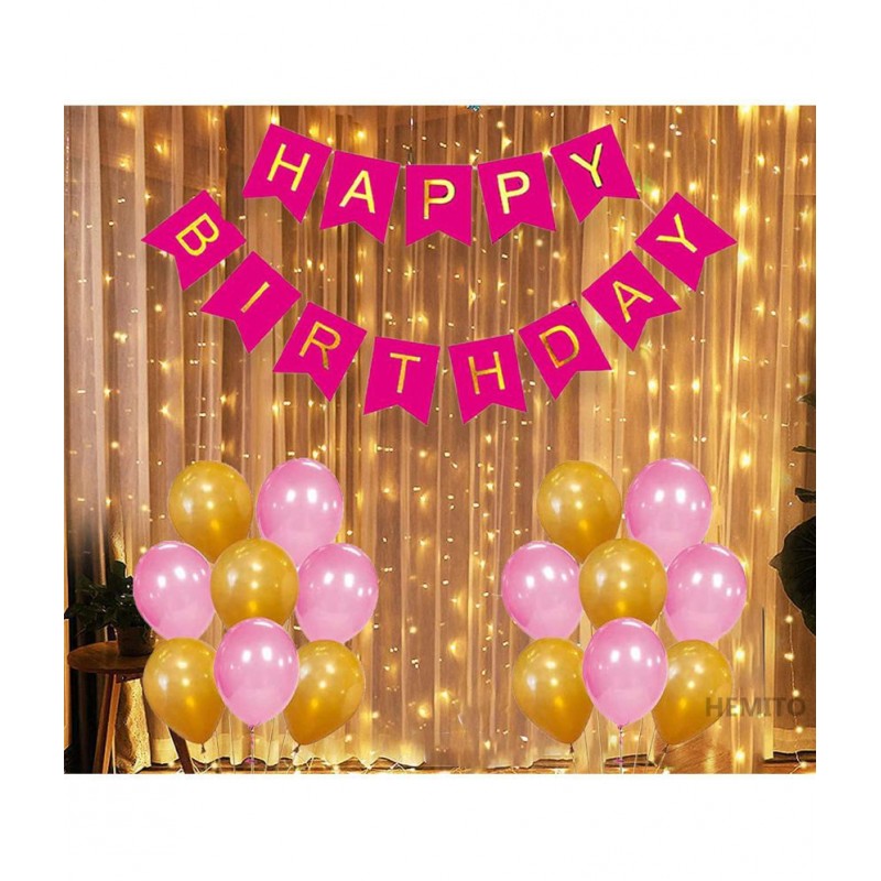 HEMITO 32 pcs Combo Happy Birthday 1 Pcs, 12 Meter Long Led Light 1 Pc, 30 Gold and Pink Metallic Balloon Birthday Decorations Kit with lights