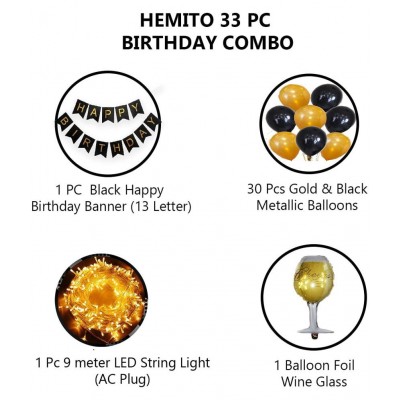 HEMITO 33 pcs Combo Happy Birthday 1 Pcs, 12 Meter Long Led Light 1 Pc, 30 Gold and Black Metallic Balloon, 1Pc Cheers Wine Glass Foil Balloon, Birthday Decorations Kit