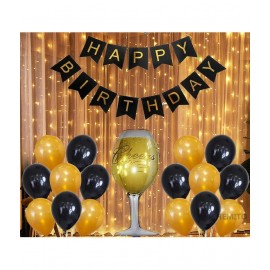 HEMITO 33 pcs Combo Happy Birthday 1 Pcs, 12 Meter Long Led Light 1 Pc, 30 Gold and Black Metallic Balloon, 1Pc Cheers Wine Glass Foil Balloon, Birthday Decorations Kit