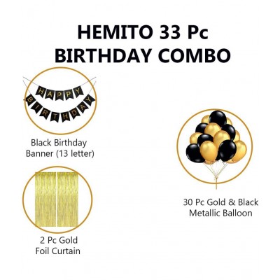 HEMITO 33Pcs Combo Set for Happy Birthday Decoration Golden and Black Metallic Balloons(30) + Happy Birthday Letter(1) + Golden Curtain(2)