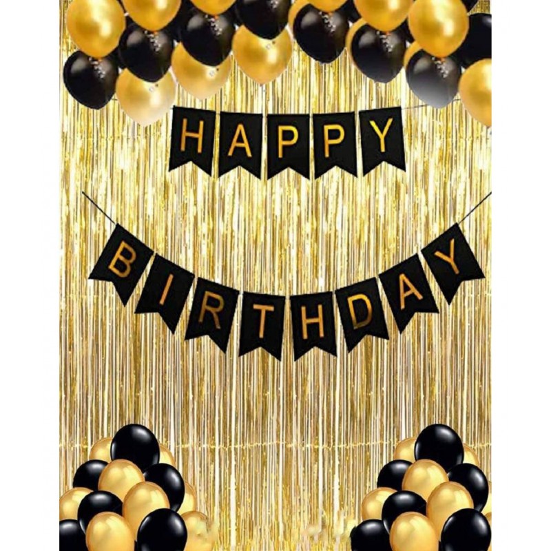 HEMITO 33Pcs Combo Set for Happy Birthday Decoration Golden and Black Metallic Balloons(30) + Happy Birthday Letter(1) + Golden Curtain(2)