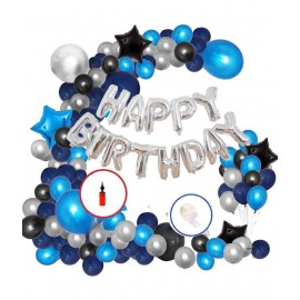 HEMITO 45 Pcs Combo -Blue, Black and Silver Metallic Balloons with Air Pump + Happy Birthday Letter Foil + Glue Dot| Birthday Decorations Kit