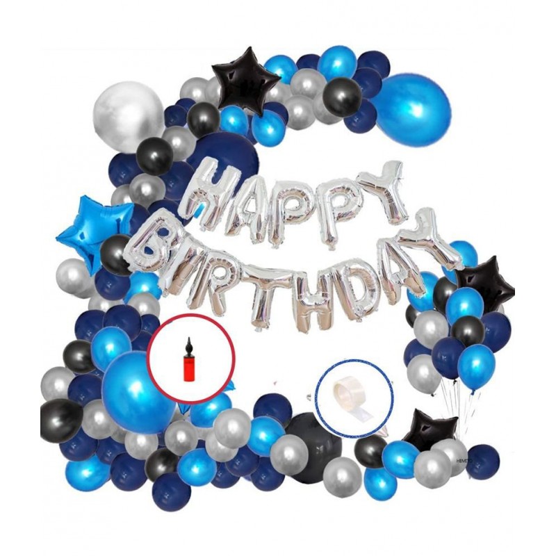 HEMITO 45 Pcs Combo -Blue, Black and Silver Metallic Balloons with Air Pump + Happy Birthday Letter Foil + Glue Dot| Birthday Decorations Kit