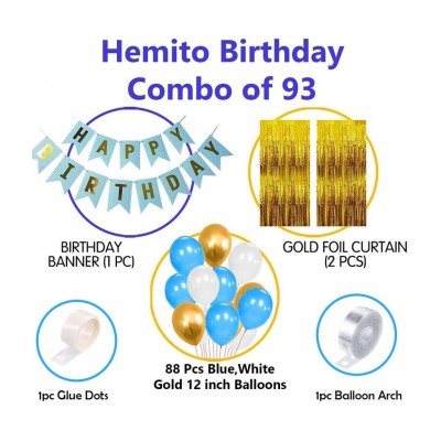 HEMITO 93Pcs Happy Birthday Balloons Decoration Items Combo Kit Blue Gold WhiteBlue White And gold Metallic Balloons Birthday + Happy Birthday Decorations Items