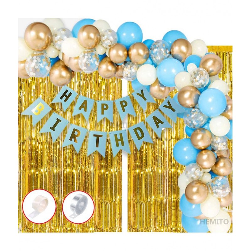 HEMITO 93Pcs Happy Birthday Balloons Decoration Items Combo Kit Blue Gold WhiteBlue White And gold Metallic Balloons Birthday + Happy Birthday Decorations Items
