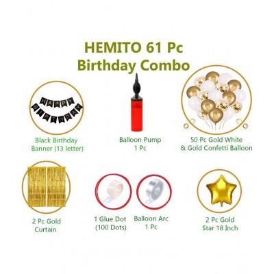 HEMITO Birthday Decoration Kit for Boys - 61Pcs White Golden Metallic Birthday balloons for Boys,Girls Decoration, Golden Foil Curtain with Balloon Pump, Glue Dot, Arc, Black Happy Birthday Banner/Birthday Decoration Combo Set (Gold, White)