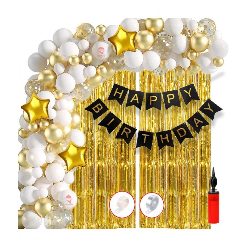 HEMITO Birthday Decoration Kit for Boys - 61Pcs White Golden Metallic Birthday balloons for Boys,Girls Decoration, Golden Foil Curtain with Balloon Pump, Glue Dot, Arc, Black Happy Birthday Banner/Birthday Decoration Combo Set (Gold, White)