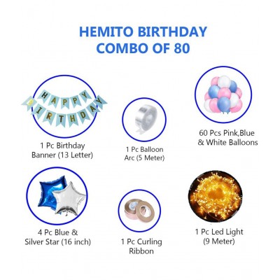 HEMITO Happy Birthday Decoration Kit 80pc Combo with Birthday Banner Blue Color, Pink, Blue, White (60 Balloon) & 4pc Star Foil Balloon, 1pc Light, Ribbon, Balloon Arch for Birthday Decoration