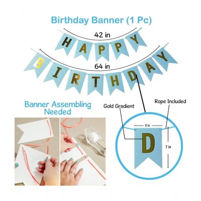 HEMITO Happy Birthday Decoration Kit 80pc Combo with Birthday Banner Blue Color, Pink, Blue, White (60 Balloon) & 4pc Star Foil Balloon, 1pc Light, Ribbon, Balloon Arch for Birthday Decoration