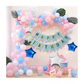 HEMITO Happy Birthday Decoration Kit 80pc Combo with Birthday Banner Blue Color, Pink, Blue, White (60 Balloon) & 4pc Star Foil Balloon, 1pc Light, Ribbon, Balloon Arch for Birthday Decoration