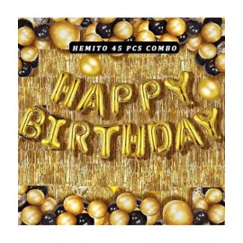 HEMITO Solid Happy Birthday Golden Foil Letter Balloons(13 foil letter 1 pack)With 30 Pic Black Gold Balloons And 2 Pcs Golden Metallic Rubber Fringe Shiny Curtains Balloon (Gold, Black, Pack of 45)