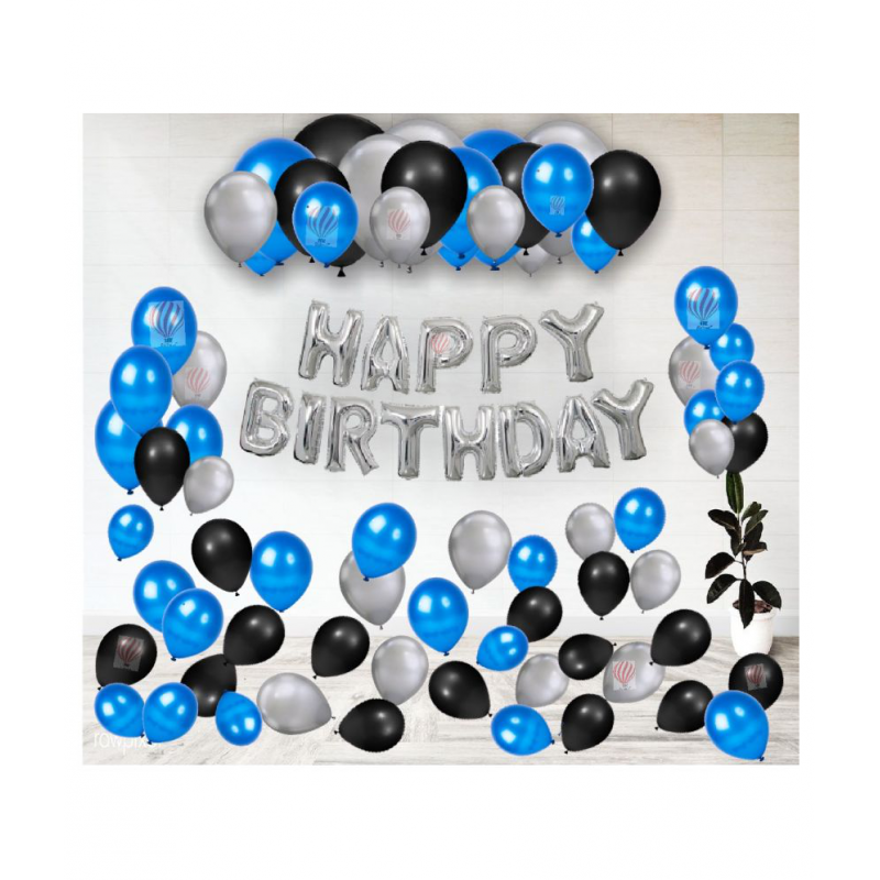 HK balloons®  Pack of 43 Happy Birthday Balloon Letters Set of Silver with 30 HD Metallic Balloons (Blue, Black and Silver)