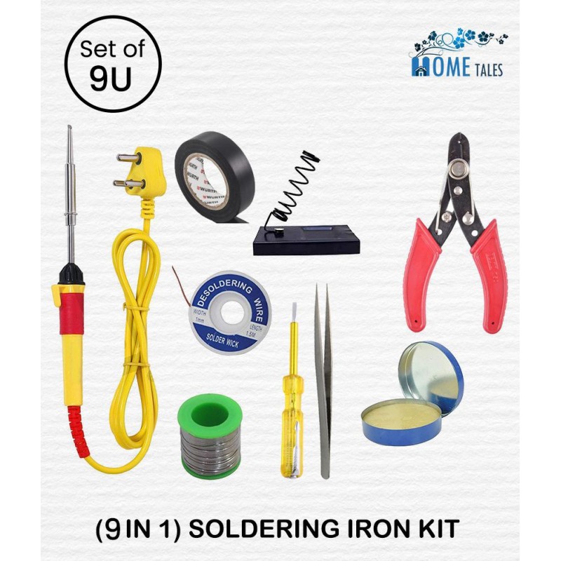 HOMETALES (9 in 1) Soldering Iron (25W Soldering Iron, Tweezer, Iron Stand, Soldering Paste, Soldering Wire, Desoldering Wick,Tester, Tape & Cutter)