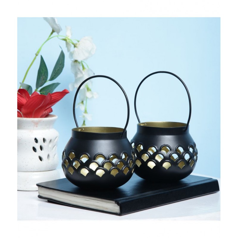 HOMETALES Black Table Top Iron Tea Light Holder - Pack of 2