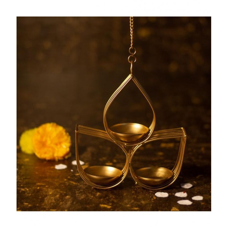 HOMETALES Gold Table Top and Hanging Iron Tea Light Holder - Pack of 1