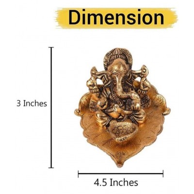 HOMETALES Leaf Ganesha with deepak Decorative Showpiece - 7 cm  (Aluminium, Gold)