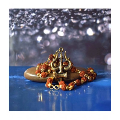 HOMETALES Men's and Agate Gold-Plated Brass, Wood Lord Shiv Trishul Locket with Panchmukhi Rudraksha Mala For Men HOMETALES Men's and Agate Gold-Plated Brass, Wood Lord Shiv Trishul Locket with Panchmukhi Rudraksha Mala For Men
