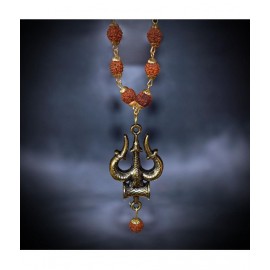 HOMETALES Men's and Agate Gold-Plated Brass, Wood Lord Shiv Trishul Locket with Panchmukhi Rudraksha Mala For Men HOMETALES Men's and Agate Gold-Plated Brass, Wood Lord Shiv Trishul Locket with Panchmukhi Rudraksha Mala For Men