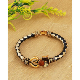 HOMETALES OM Trishul Damroo Designer Oxidized Gold Bahubali Leather Kada Bracelet For Men HOMETALES OM Trishul Damroo Designer Oxidized Gold Bahubali Leather Kada Bracelet For Men