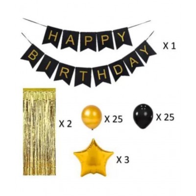 Happy  birthday banner 13  letter in black golden color ,50 pcs black and golden metallic balloons , 3 pcs star foil balloons ,set of 68 pcs