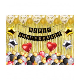 Happy Anniversary Banner (Black) + 2 Dil (Red) + 2 Star (Golden) + 2 Star (Silver) + 30 Metallic Balloon (Red,Gold,Black,Silver) + 5 Confetti Balloon (Golden) + 2 Fringe (Golden)