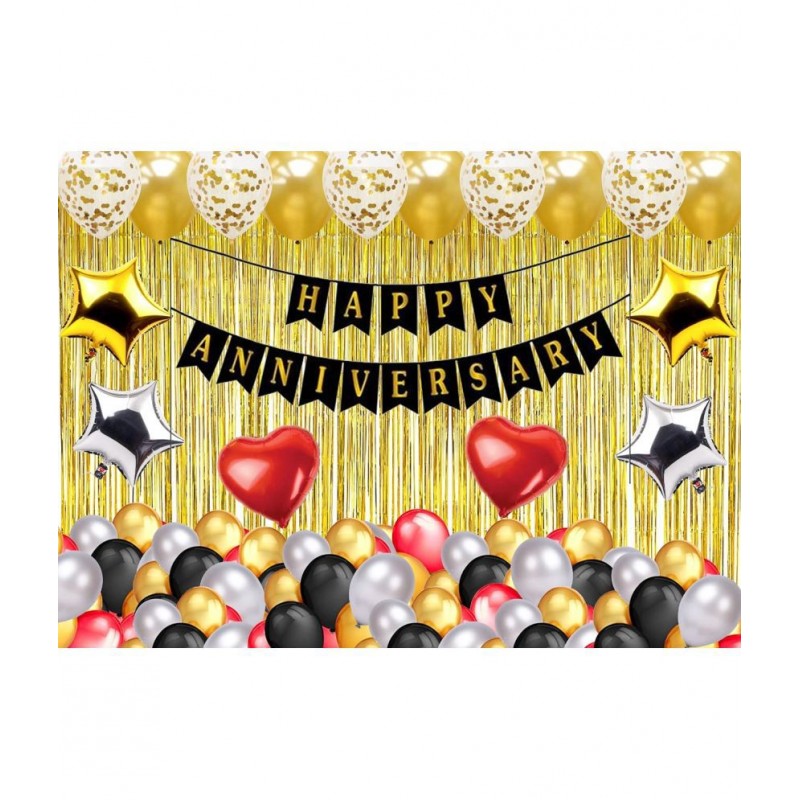 Happy Anniversary Banner (Black) + 2 Dil (Red) + 2 Star (Golden) + 2 Star (Silver) + 30 Metallic Balloon (Red,Gold,Black,Silver) + 5 Confetti Balloon (Golden) + 2 Fringe (Golden)