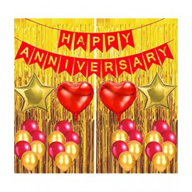 Happy Anniversary Banner (Red) + 2 Dil (Red) + 2 Star (Golden) + 30 Metallic Balloon(Red,Gold) + 2 Fringe (Golden)