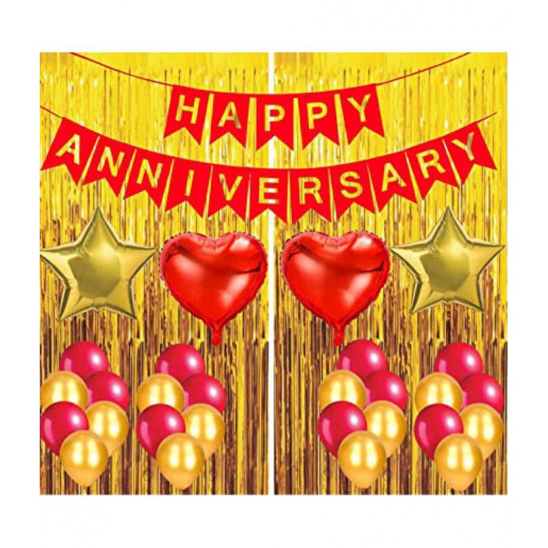 Happy Anniversary Banner (Red) + 2 Dil (Red) + 2 Star (Golden) + 30 Metallic Balloon(Red,Gold) + 2 Fringe (Golden)