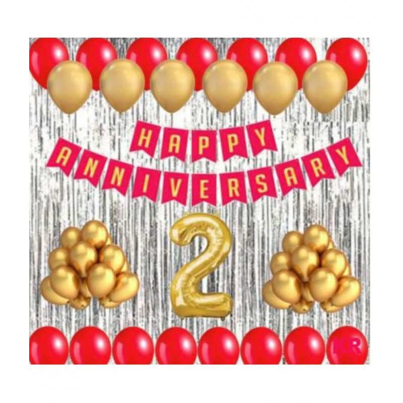Happy Anniversary Banner (Red) + 30 Metallic Balloon(Red,Gold) + 2 Number Foil (Golden) + 2 Fringe (Silver)