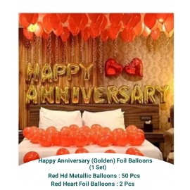 Happy Anniversary (Golden) Foil Balloons + 2 Red Heart Foil Balloons + 50 (Red) Party Balloons + 01 Ribbon