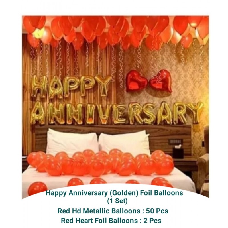 Happy Anniversary (Golden) Foil Balloons + 2 Red Heart Foil Balloons + 50 (Red) Party Balloons + 01 Ribbon