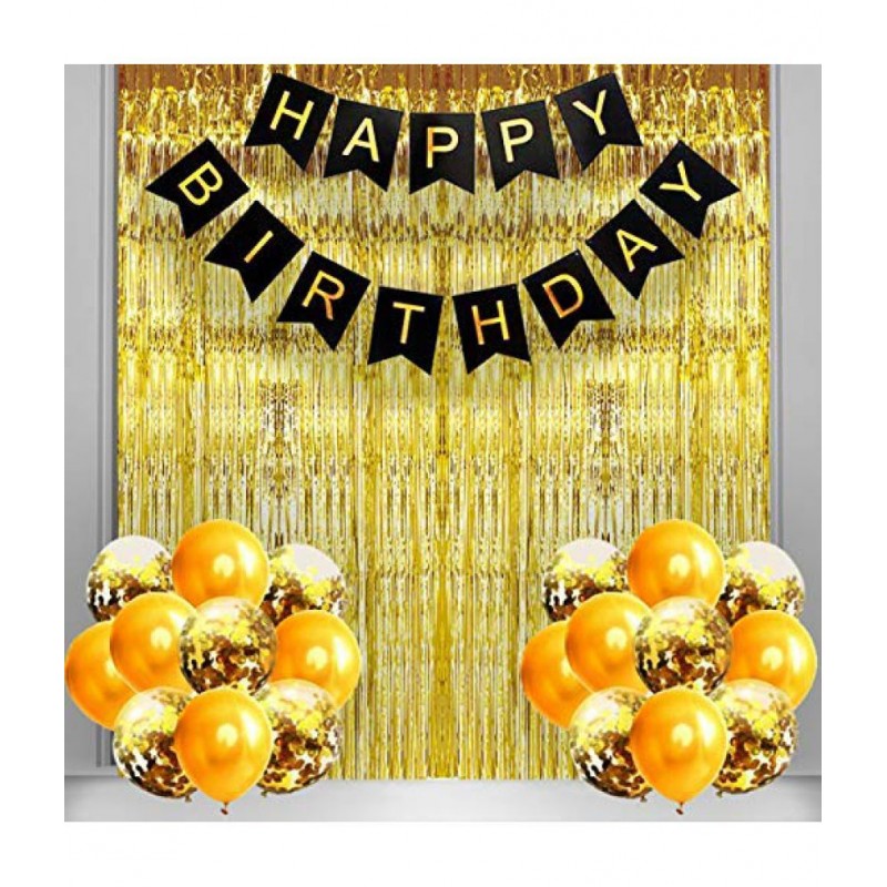 Happy Birthday Banner (Black) + 2 Fringe (Golden) + 20 Metallic Balloons (Golden)+ 10 Conftti Balloon (Golden)