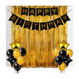 Happy Birthday Banner (Black) + 2 Fringe (Golden) + 30 Metallic Balloon(Black,Gold) + 2 Star (Golden) + 2 Star (Black) for happy birthday decoration item, birthday decoration kit, birthday balloon decoration combo for Boys, Girls, Kids, husband and W